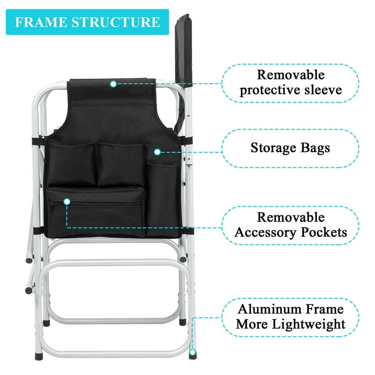 Director's Chair With Side Table - Portable Folding Bar Height Chair With Storage For Makeup Artists & Outdoor Use