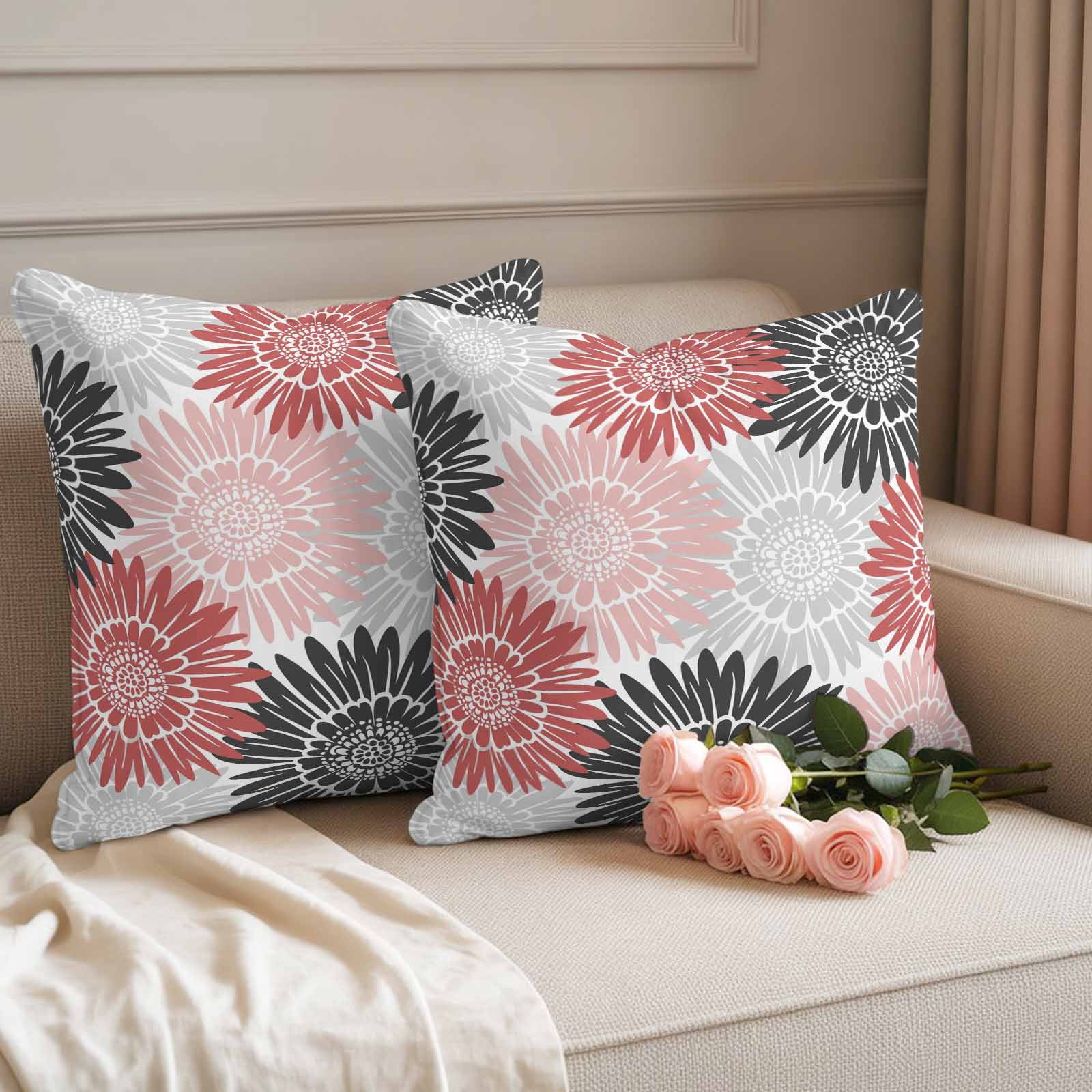 Red Pink Grey Sunflowers Outdoor Waterproof Throw Pillow Covers 20x20 Set of 2, Boho Retro Floral Rustic Blossom Pillowcases Cushion Pillowcase for Couch Sofa Patio Outside Pillow Protector
