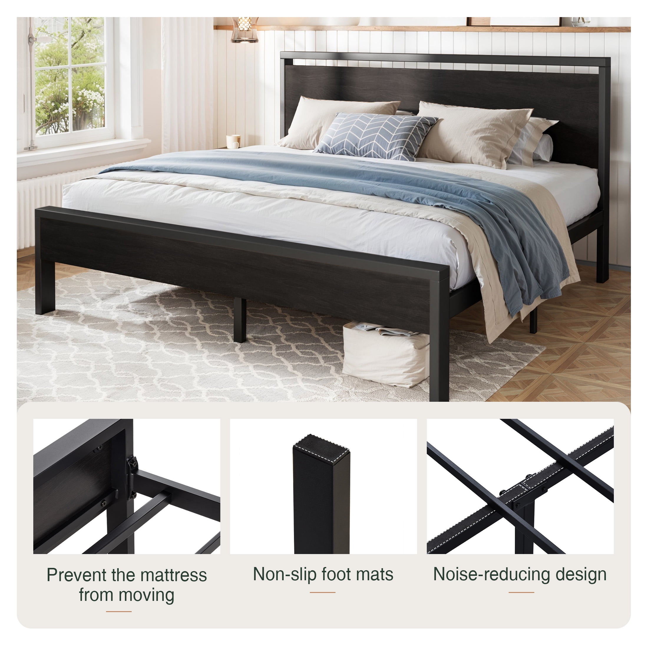 Amolife King Size Bed Frame, Heavy Duty Metal Platform Bed with Wooden Headboard & Footboard, Black Oak, Adult