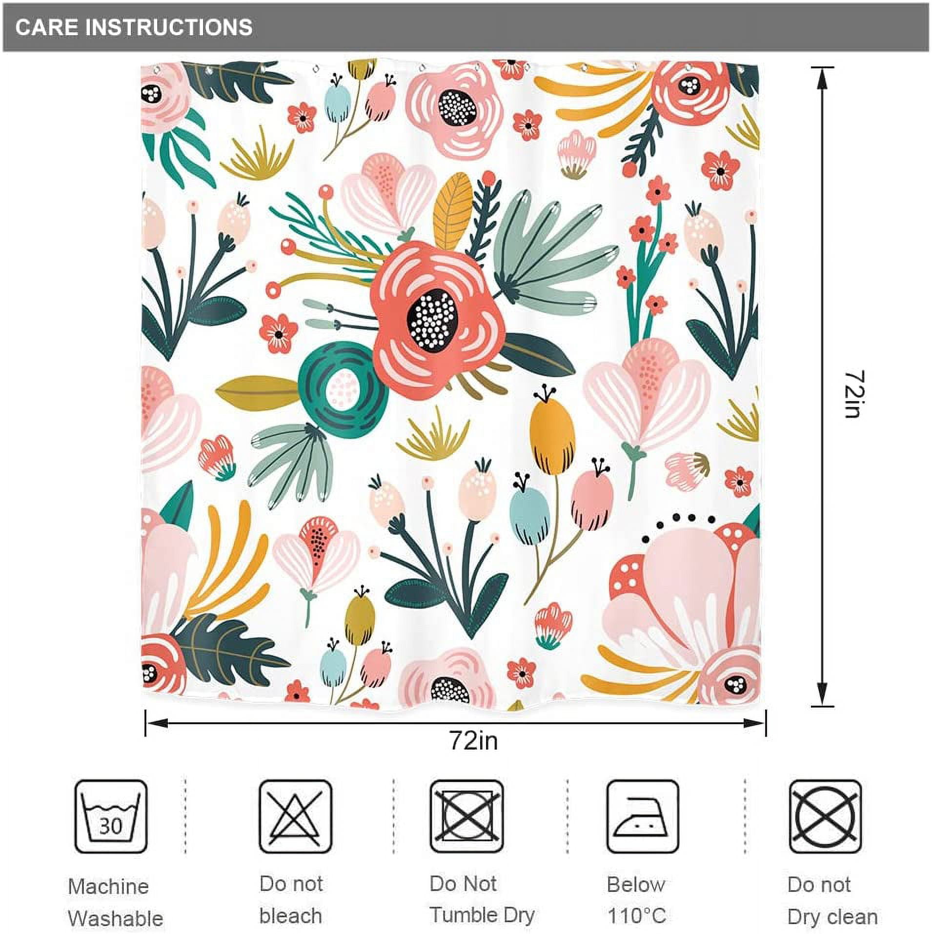 Pink Floral Shower Curtain for Bathroom Decor 72Wx72H Watercolor Colorful Flower Tropical Leaves Spring Botanical Sage Green Art Printed Fabric Polyester Waterproof 12 Pack Plastic Hooks