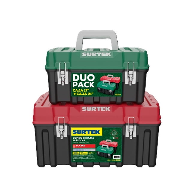 Cajas de Herramienta Dúo Pack Plásticas de 21" y 17" con Tapa Verde Rojo