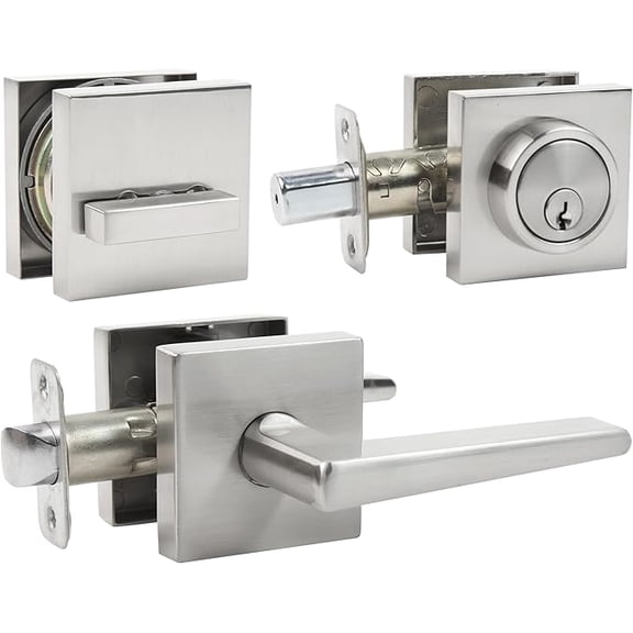 Front Door Lock sSet Front Door Handle and Deadbolt Set,Square Heavy Duty Exterior Door Knob with Deadbolt,Brushed Nickel,1pack