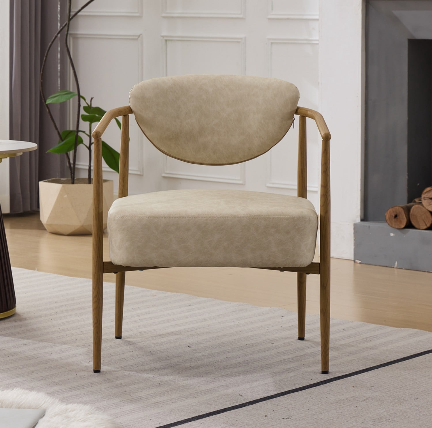 Beige PU Leather Dining Chair Living Room Chair with Metal Frame Wood Grain Water Transfer Finish, Upholstered Foam Seat Bedroom Dining Room Accent Chair