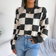 thumbnail image 6 of Stichou Womens Fall Fashion Crew Neck Sweater Long Sleeve Plaid Ribbed Knit Loose Pullover Tops Trendy Office Outfits Black M, 6 of 9