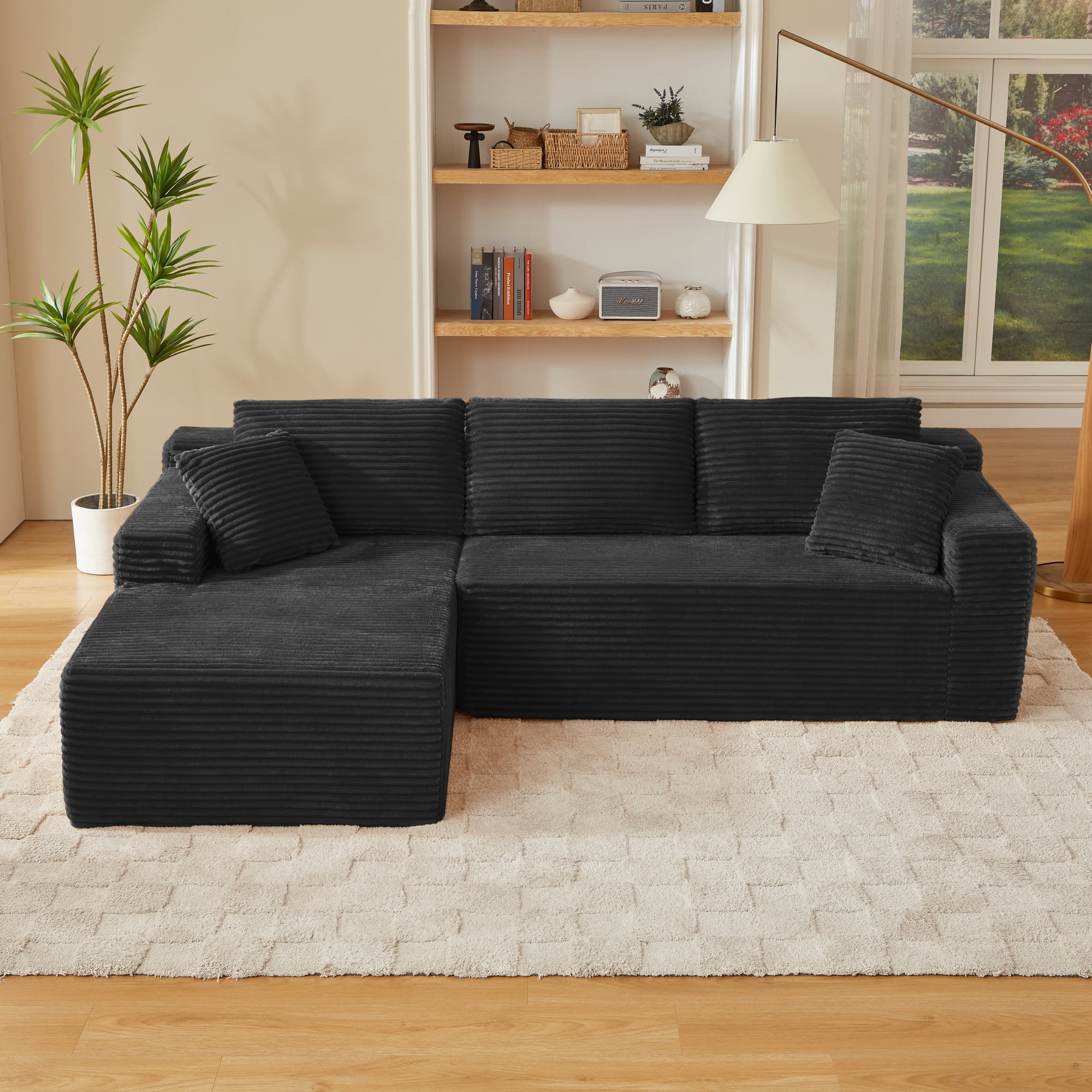 Leumius 103" Cloud Sectional Sofa Couch,3 Seat L-Shaped Couch with Deep Seat,Upholstered Corduroy Cloud Couch for Living Room,No Assembly Required,Black(Left Facing Chaise)