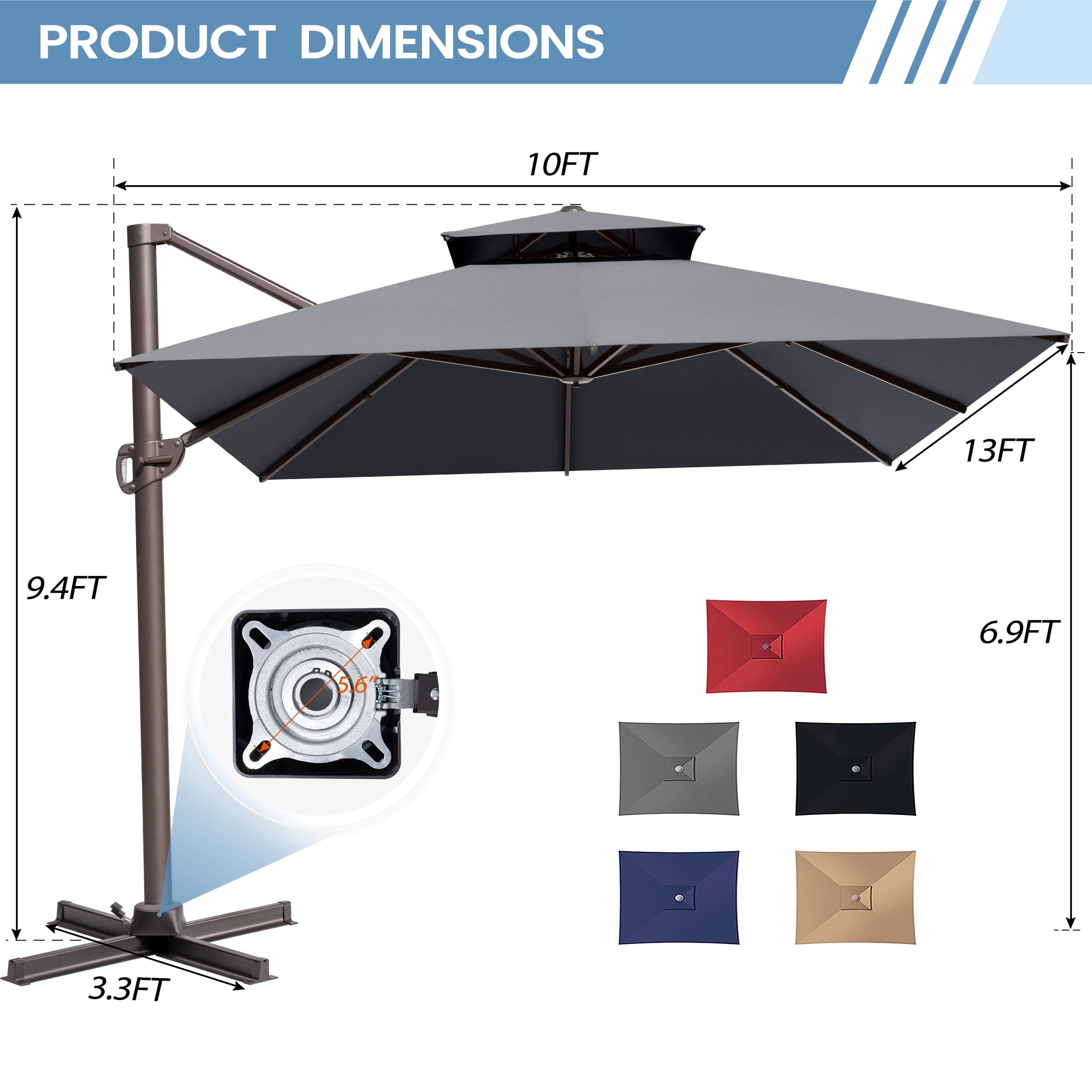 Crestlive Products 10x13ft Rectangular Patio Cantilever Umbrella, Windproof Double Top, 360-degree rotating, Dark Grey
