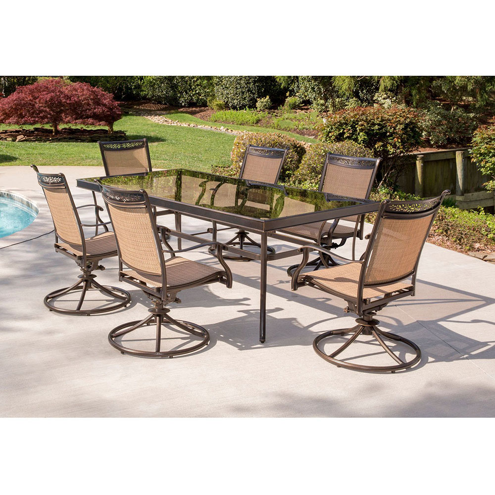 Hanover Fontana 7-Piece Outdoor Dining Set with Swivel Rockers and Glass-Top Table