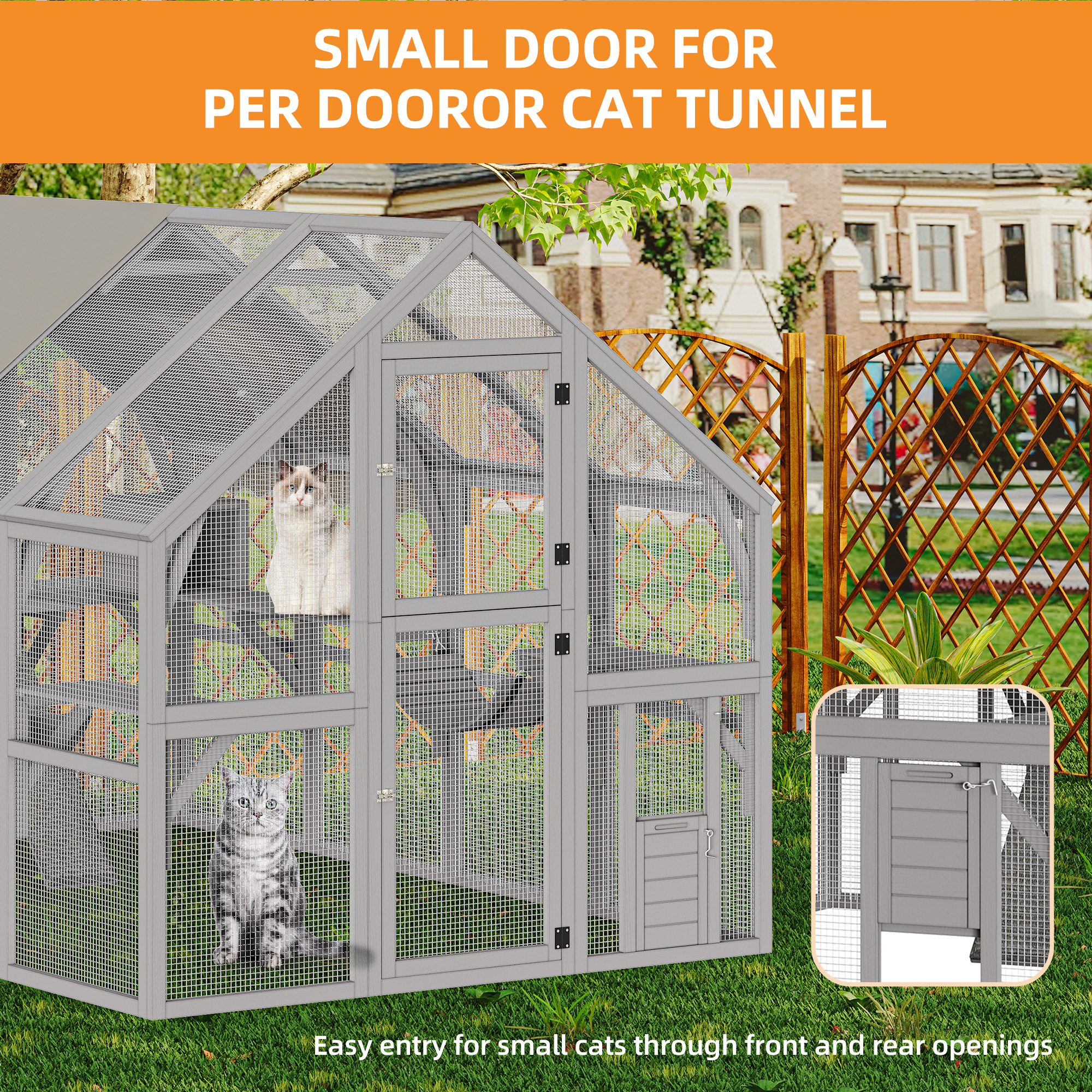 Craftian 110" Catio Outdoor Cat Enclosure Large Wooden Cat House with with Weatherproof Roof, Cat Scratcher Ramp, Space Capsule Bed, 2 Bridges, 2 Resting Houses, 7 Platforms for Multiple Cats