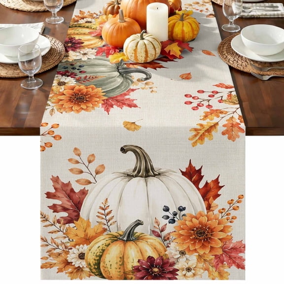 White Green Pumpkins Fall Table Runner 108 Inches Long - Thanksgiving Floral Rustic Kitchen Dining Burlap Linen Tablerunner for Small/Round/Square/Wedding/Coffee/Dining Table Party Décor 13 x 108