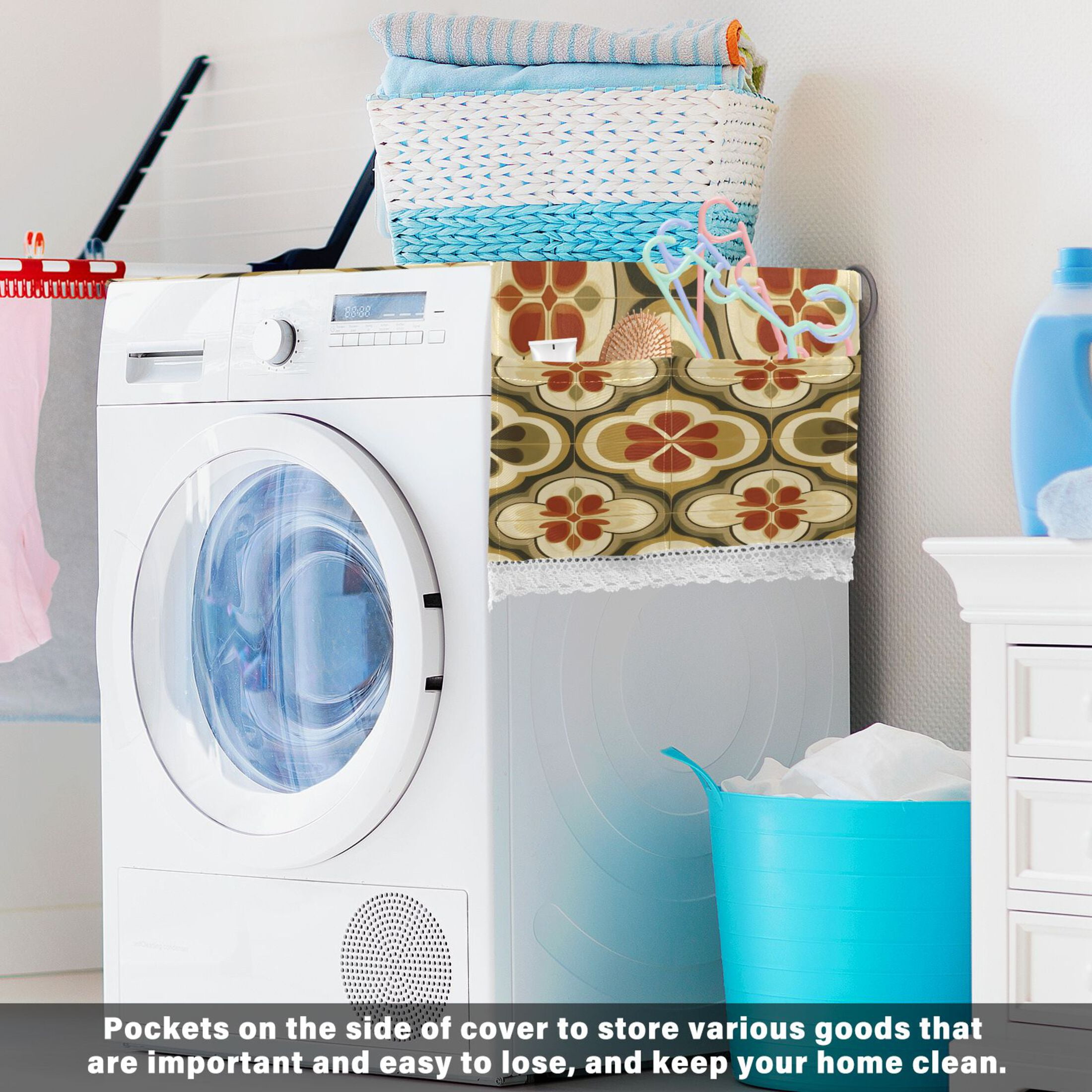 Retro CarpetWasher and Dryer Covers Dust-Proof and Oil Resistant Fridge Cover with 4 Storage Pockets Washing Machine Top Cover for Laundry Kitchen Home 51.2 x 22 In