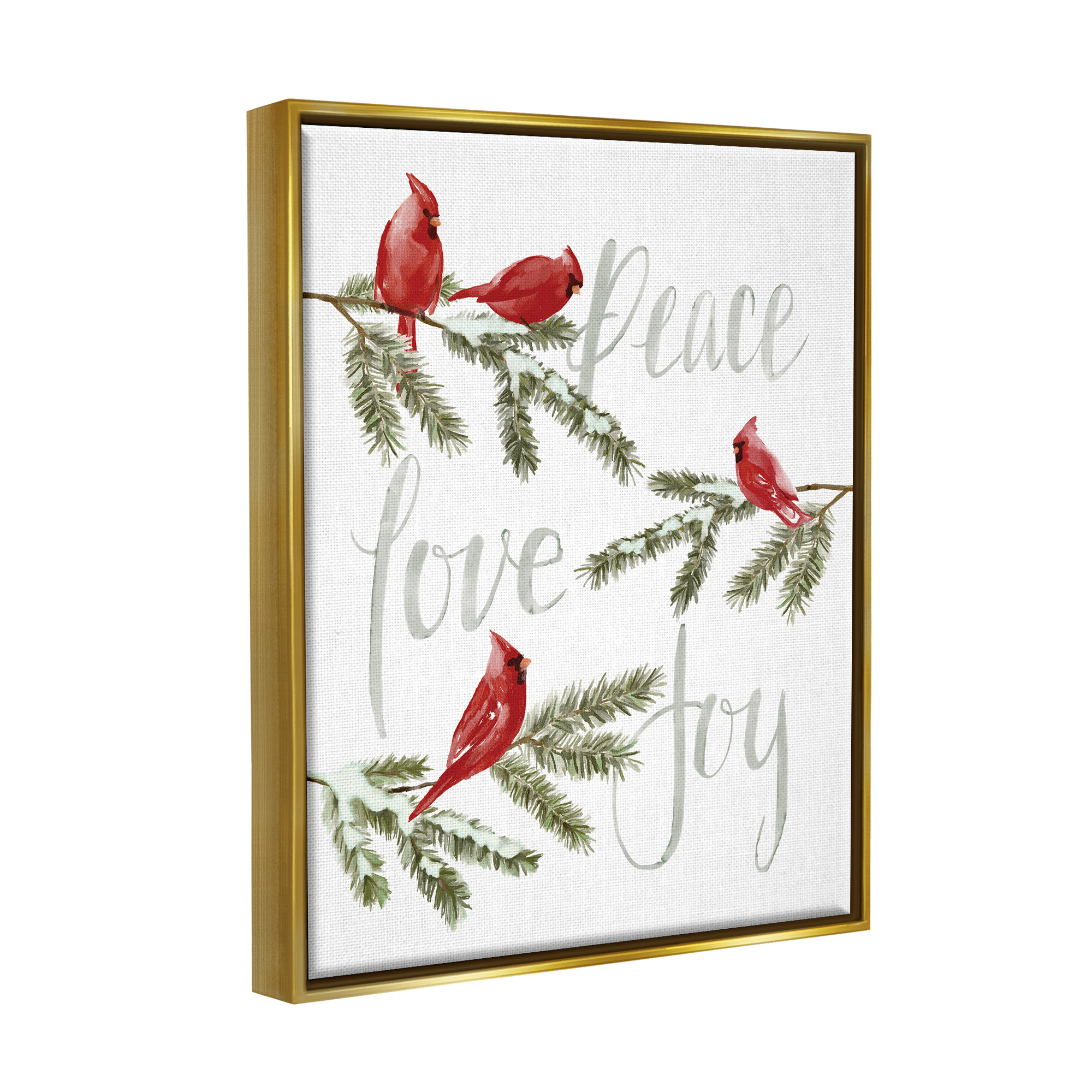 Stupell Industries Peace Love Joy Cardinals Holiday Painting Gold Floater Framed Art Print Wall Art, 25 x 31