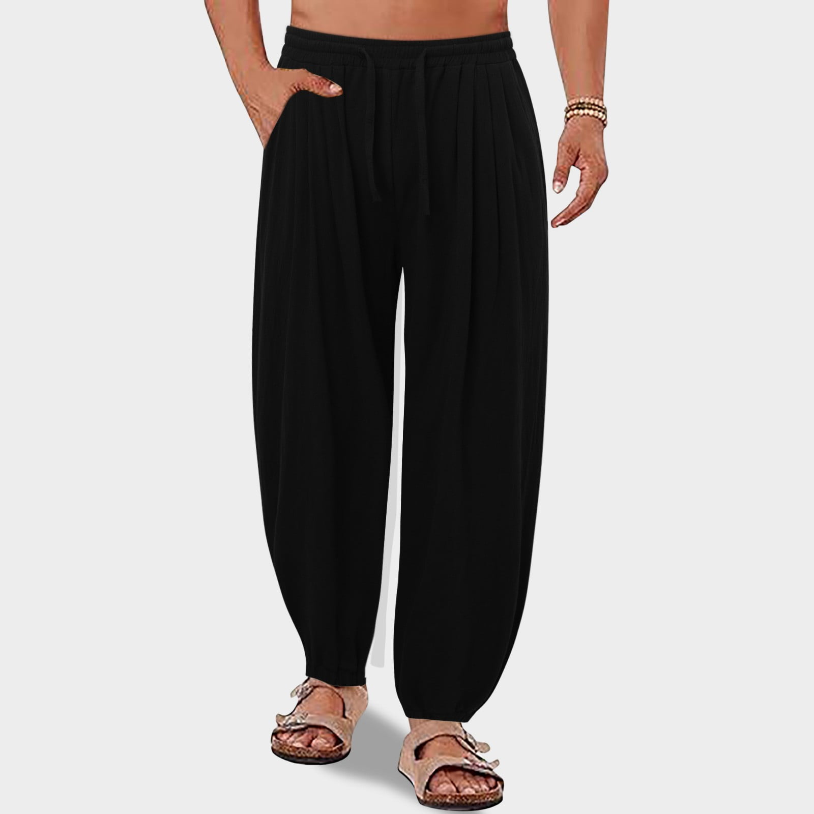 toraway Mens Linen Yoga Pants Elastic Waist Drawstring Summer