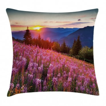Countryside Throw Pillow Cushion Cover, Idyllic Spring Meadow on the Mountains with Flowers Rural Sunrise Landscape, Decorative Square Accent Pillow Case, 24 X 24 Inches, Pink Blue, by Ambesonne