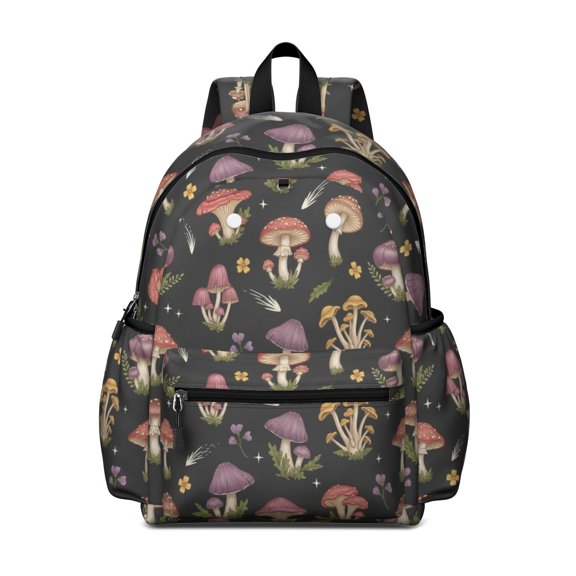 Mushroom and Flower Black Pattern Backpack for School, Cute School Bag with Adjustable Shoulder Straps and Padded Back, 13.4"x11"x4.7"