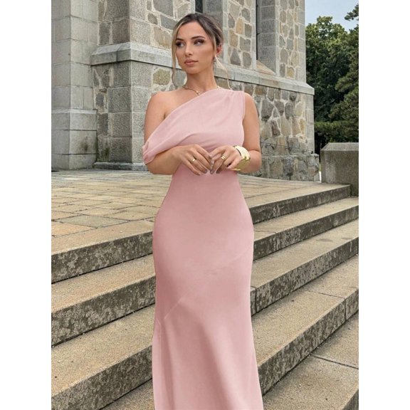 Coral Pink Womens Satin Asymmetric One Shoulder Hollow Backless Maxi Dress For Party Cocktail Formal Bridesmaid