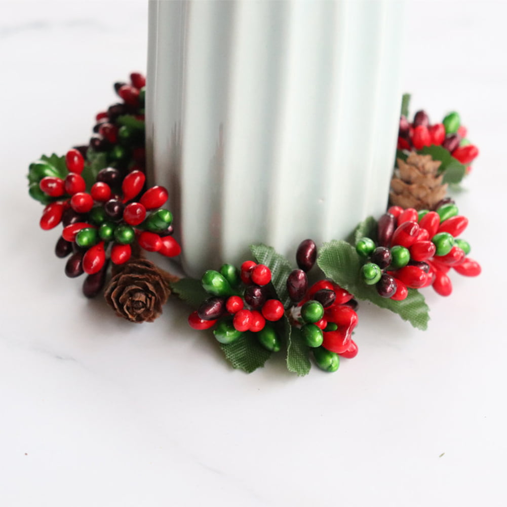 Christmas Berry Pillar Candle Wreath 5" New Red Green Pinecones 