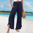 thumbnail image 2 of Womens Wide Leg Pants BWASD Fashion Elegant Cotton Linen Ruffled Trim Elastic Waist Vacation Trousers Flowy Palazzo Pants with Pockets Comfortable Beach Trousers 2061 (Navy,XL), 2 of 9
