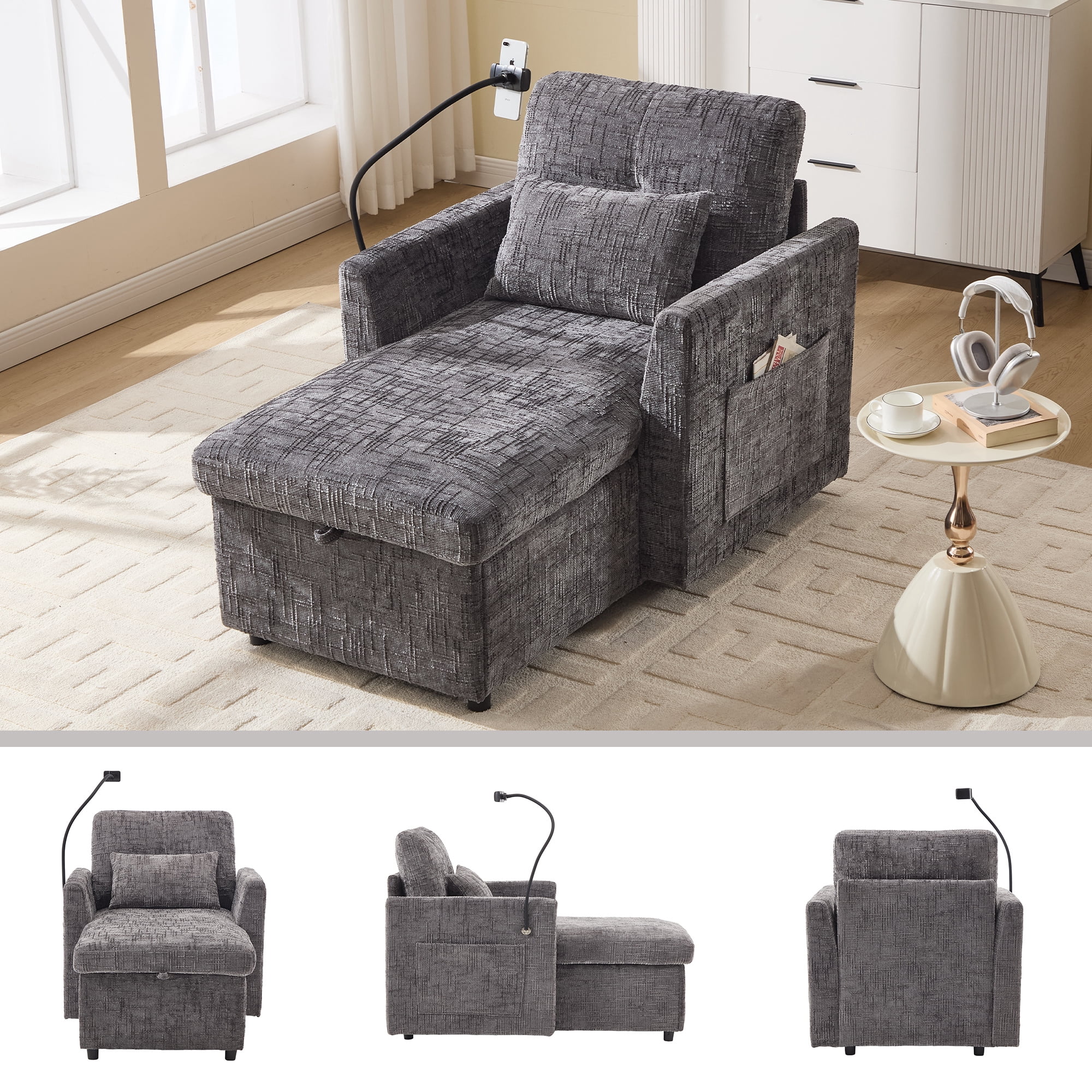 Aukfa Storage Chaise Lounge Single Sofa with Phone Holder and Pillow for Living Room Bedroom, Chenille, Gray