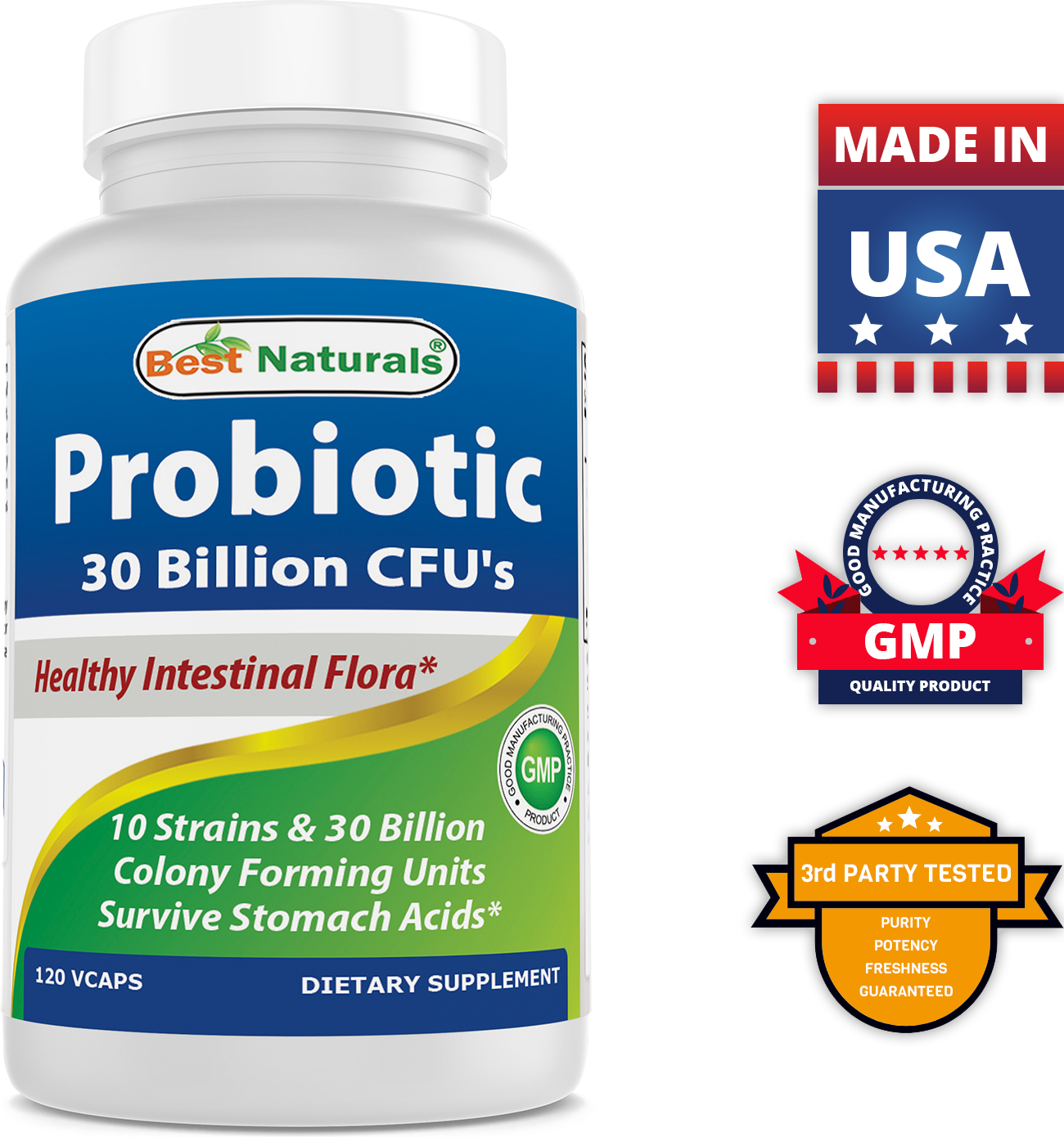 Best Naturals Probiotic 10 Strains & 30 Billion CFU Intestinal Flora 120 Vegetarian Capsules - image 7 of 7