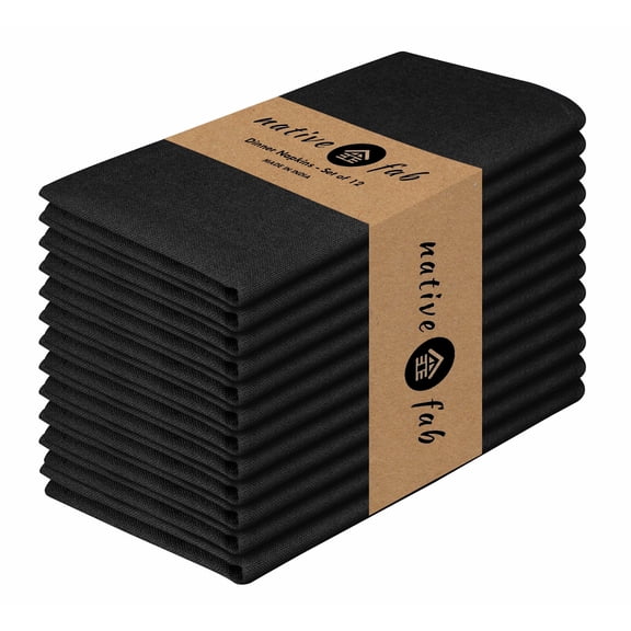 Native Fab Table Dinner Napkin Set of 12, Soft Cotton Reusable Fabric Cloth Napkins, 17x17 inches - Black