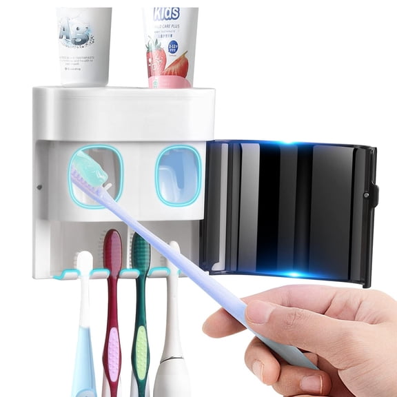 Toothbrush Holder Toothpaste Dispenser Wall Mounted with Cover, 4 Slots Tooth Brush Storage Organizer with Automatic Kids Toothpaste Squeezers for Shower Bathroom Black