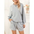 thumbnail image 3 of Women's Summer Loungewear Set, Solid Color Long Sleeve Round Neck Tops + Drawstring Shorts 2 Pieces Loose Sleepwear, 3 of 8