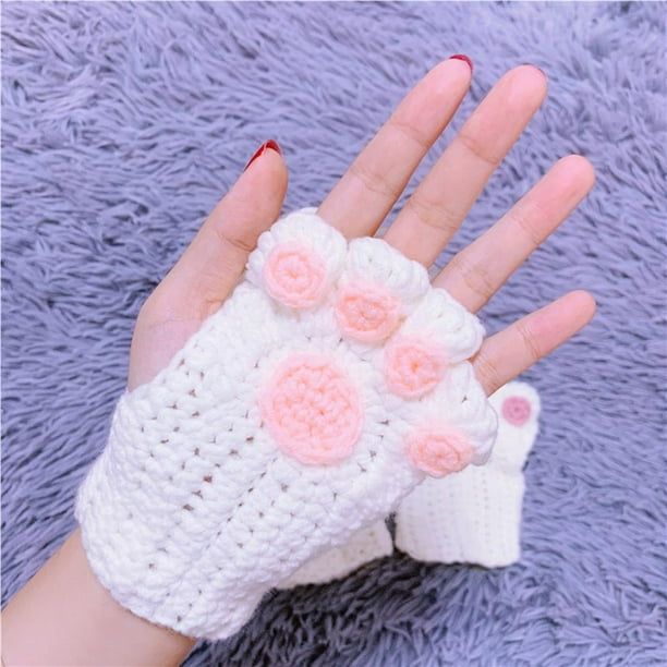 Langgg DIY Hand-knitted Cat Paw Gloves Winter Warm Cute Fingerless Mittens  