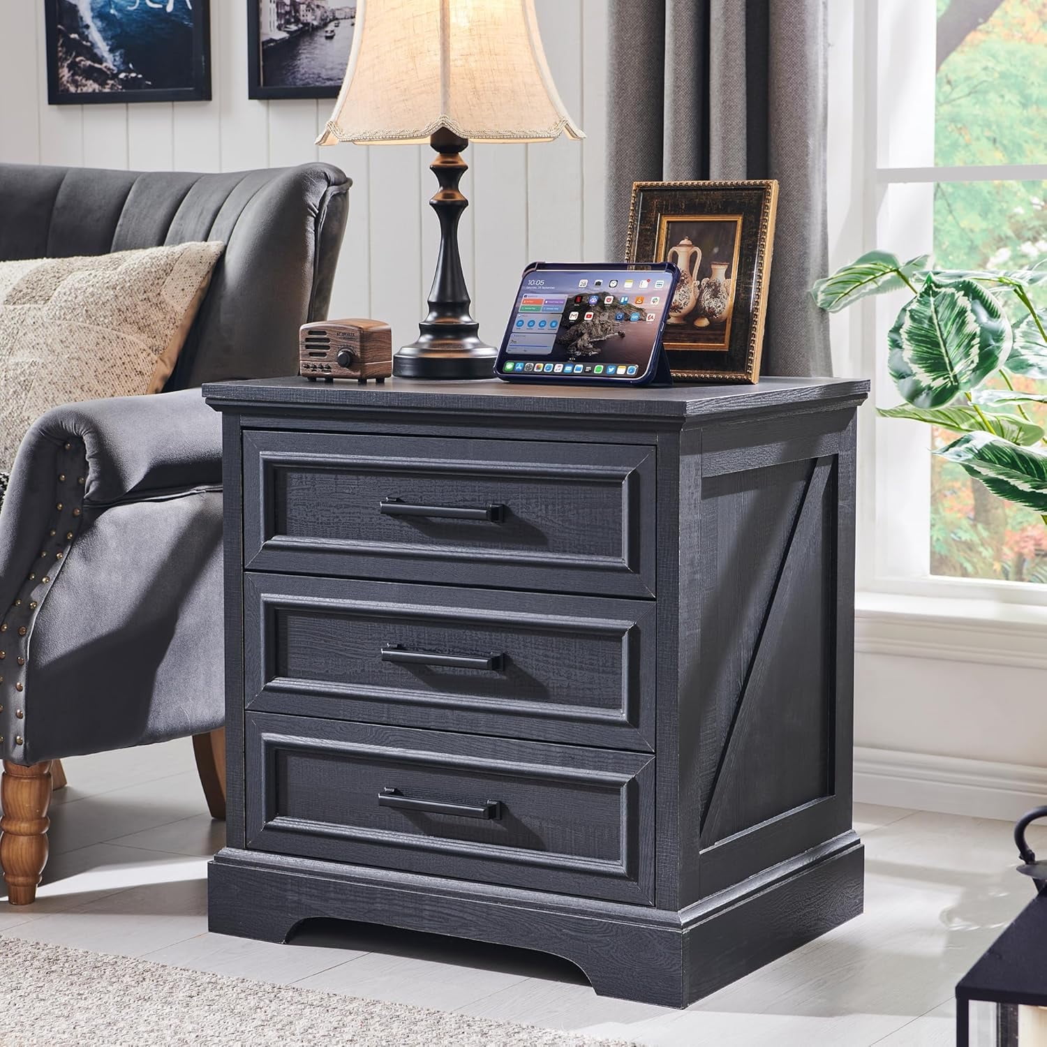 ACCOHOHO 3 Drawer Nightstand Set of 2 with Charging Station - Farmhouse End Tables, Rustic Side Tables for Bedroom & Living Room, Black