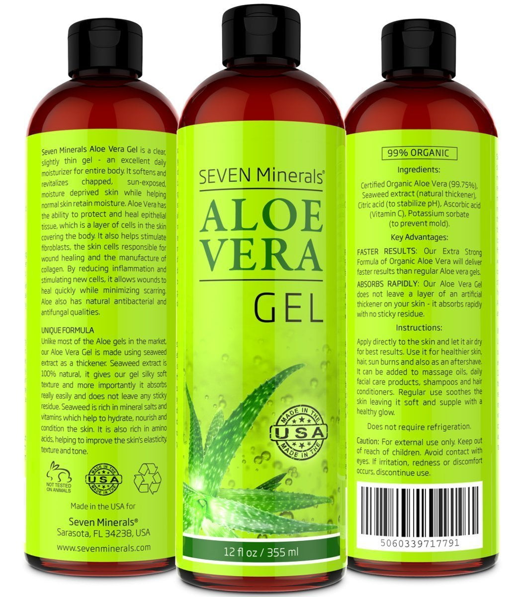 Seven Minerals Aloe Vera Gel – Texas-Grown Fresh Organic Aloe – Vegan, Unscented Gel for Face, Skin, Hair & Sun Care, 12 fl oz
