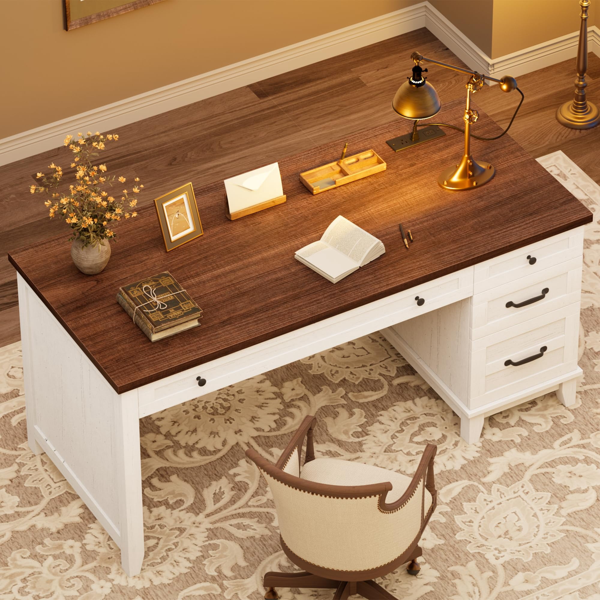 Garvee 53.5" Farmhouse Office Desk with Charging Station - Wooden Executive Computer Desk with File Drawer & USB Ports - Large Home Office Workspace-Brown&White