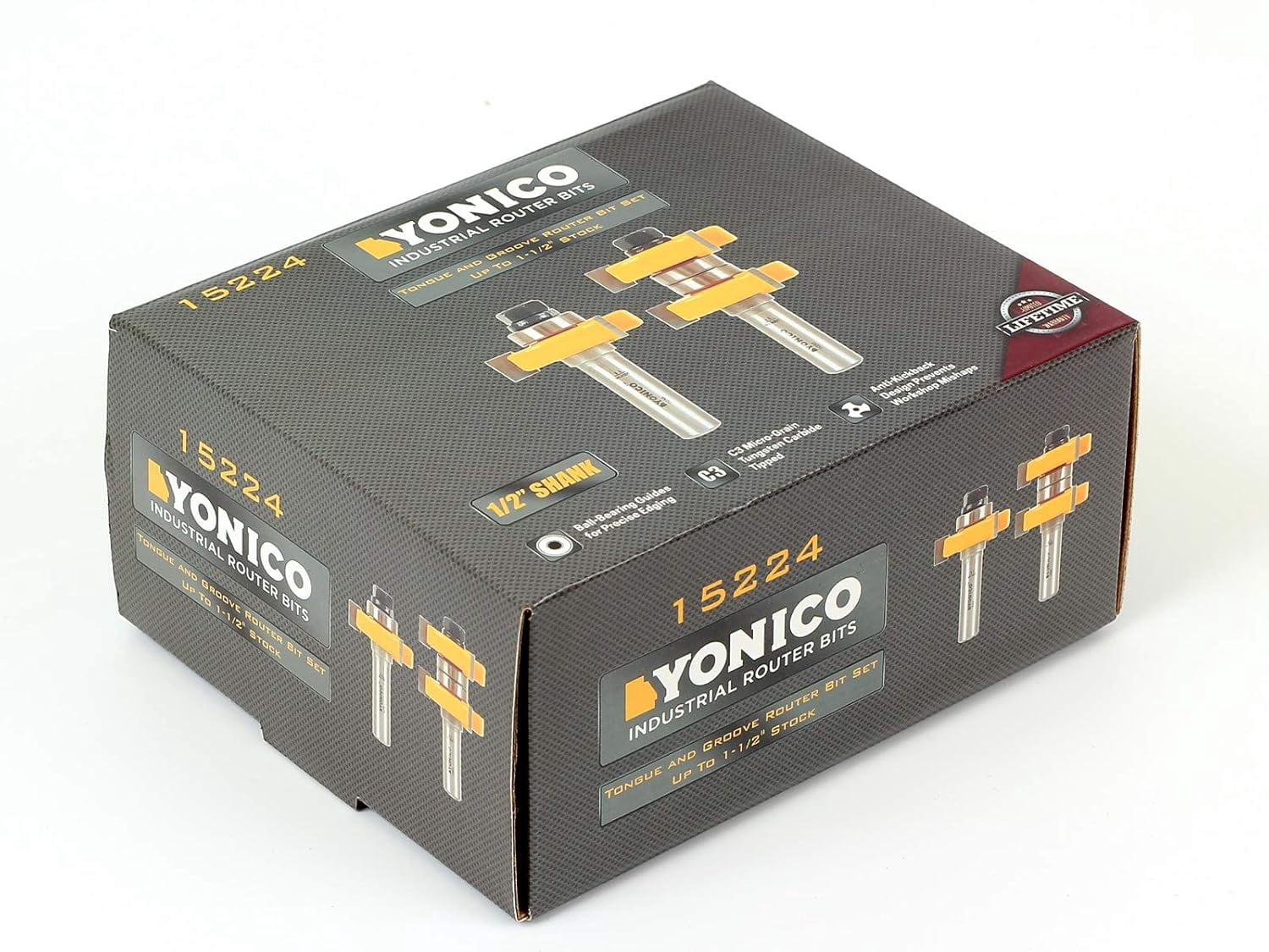 Tongue & Groove Router Bit Set - 1-1/2" Stock - 1/2" Shank - Yonico 15224