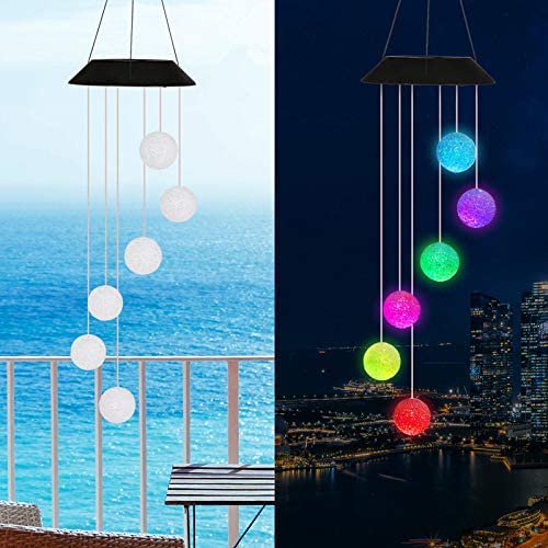 LED Solar Crystal Ball Wind Chimes Hanging Mobile Color Changing Waterproof Outdoor Decorative Light for Outsides Patio Yard Garden Balcony