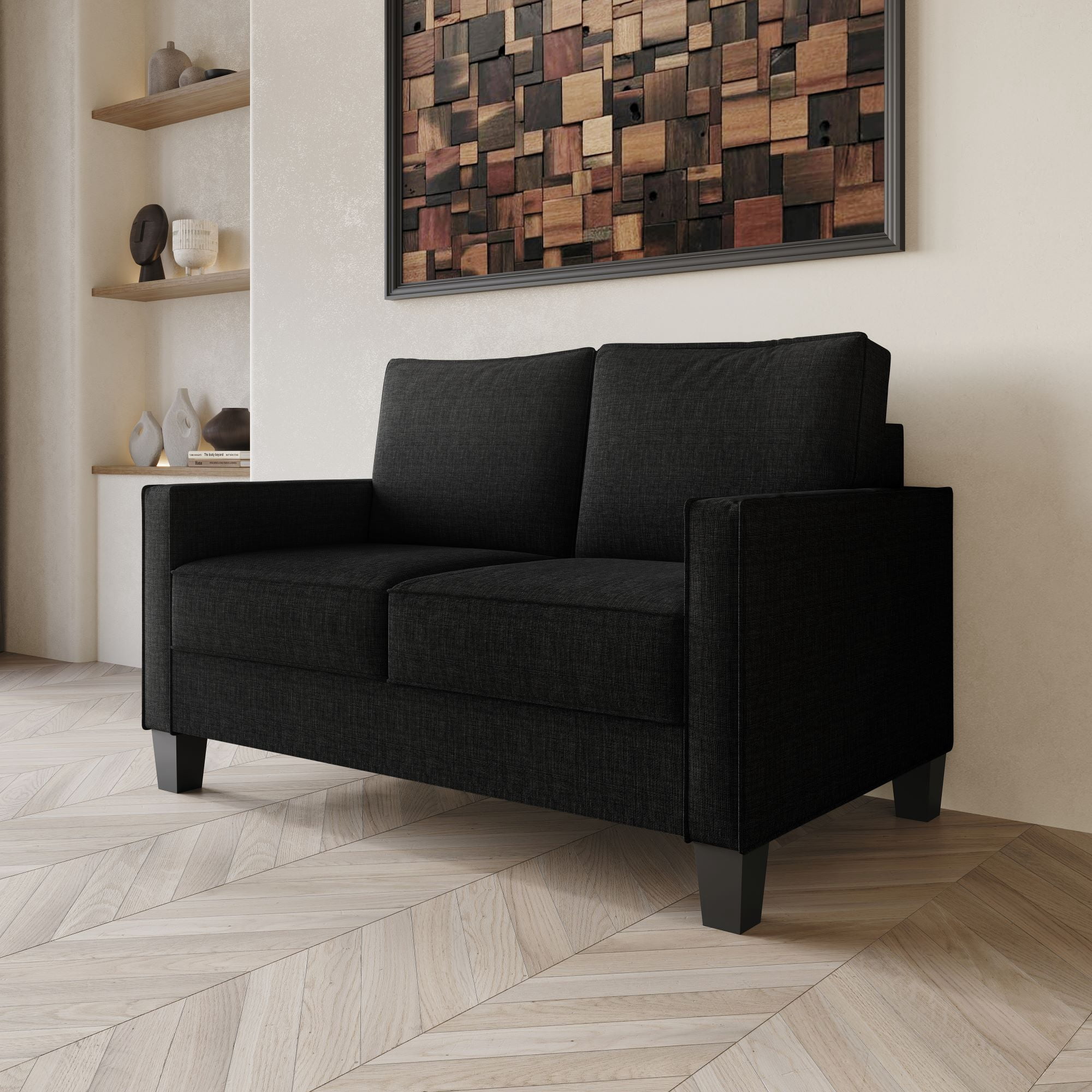 Home Design Marcia Square Arm Loveseat with Padded Back and Seat, Modern Upholstery, Black Legs, Comfortable Living Room Seating, Black
