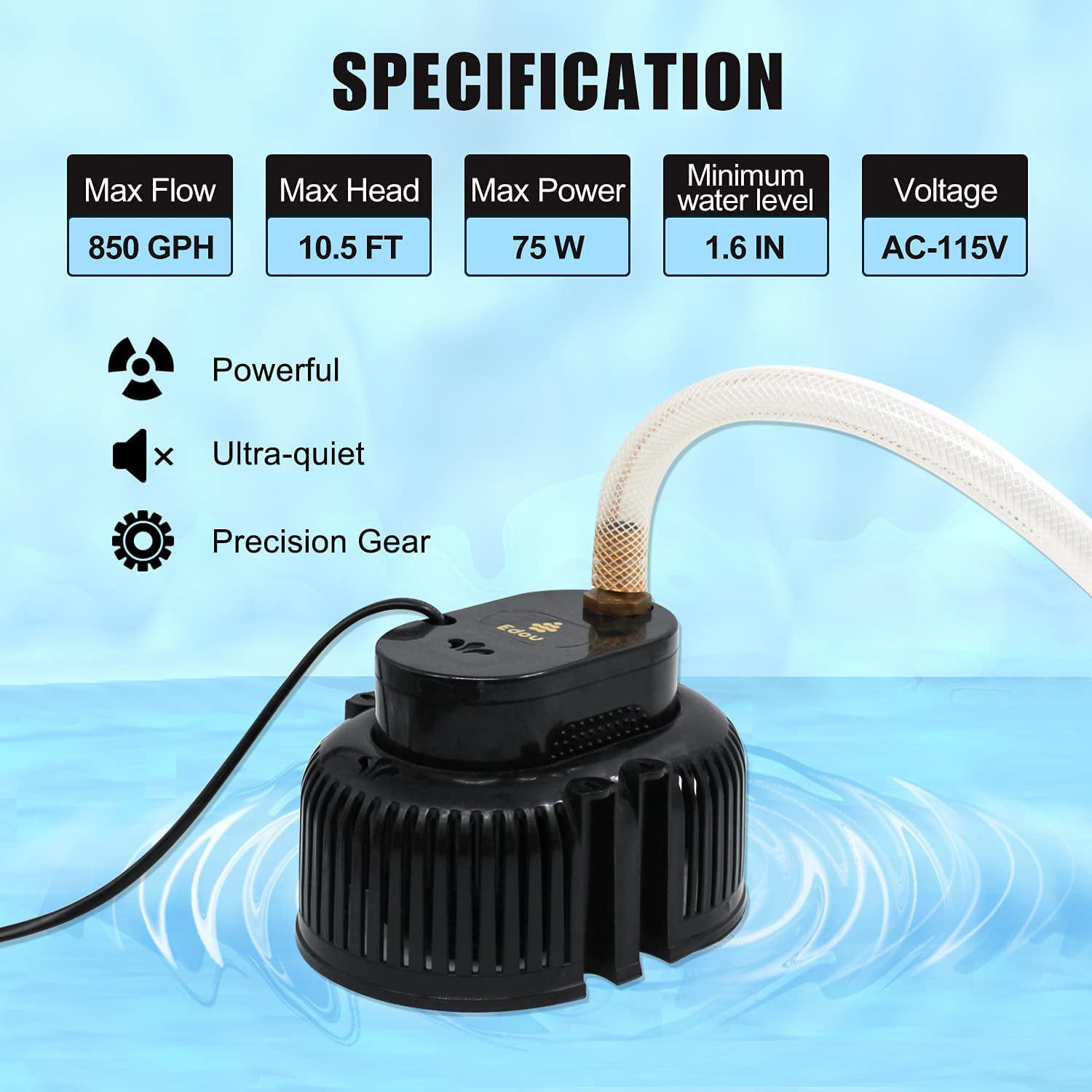 Ideal for Draining Water Above Ground 850 GPH Max Flow 75W Max Power Black In-Ground Pools Includes 16 Feet Kink-Proof Drainage Hose and 3 Adapters EDOU Submersible Swimming Pool Cover Pump