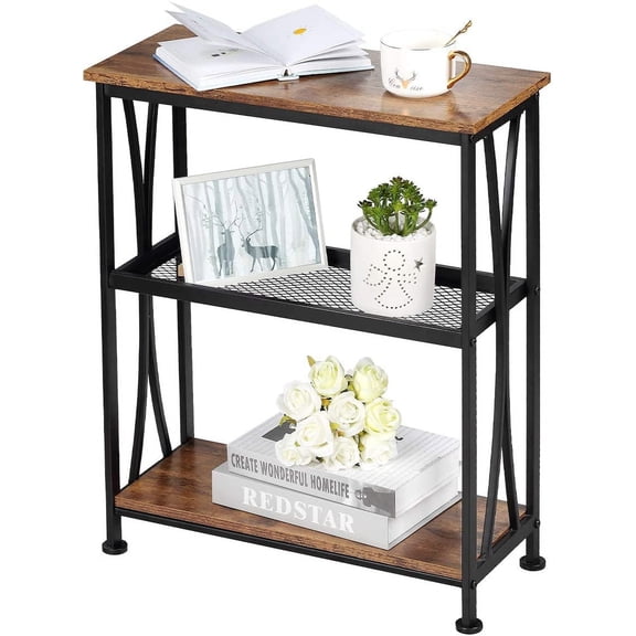 Narrow End Table,20" Long Side Table with 3 Tier Storage Shelves, Small Hallway Table，Industrial Rustic Accent Skiny Slim Couch Beside Table for Small Spaces,Rustic Brown