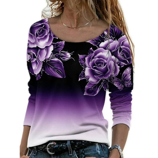 LUXUR T-shirt Col Rond Femme Chic Quotidien Violet 3TG