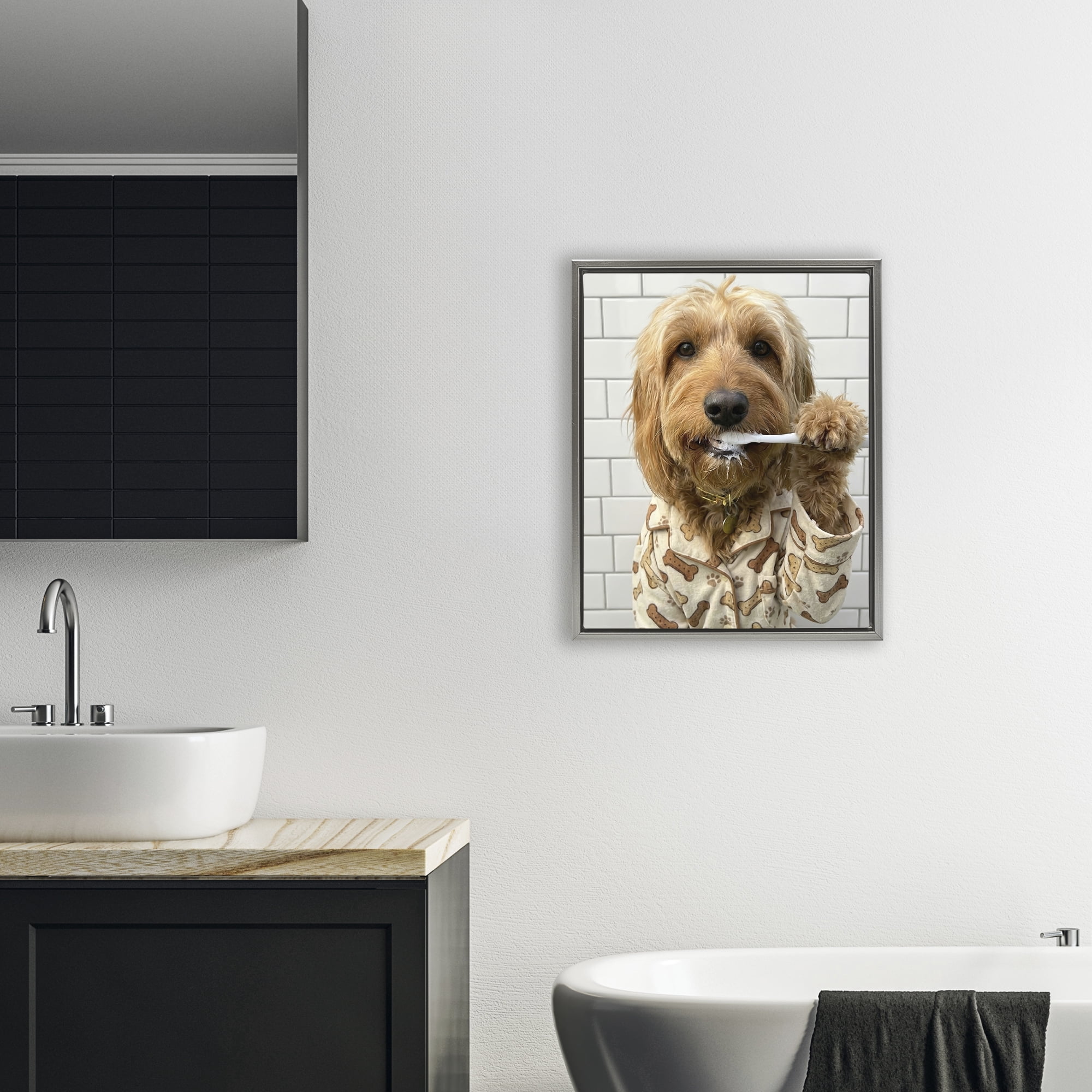 Stupell Industries Realistic Dog Brushing Teeth Gray Framed Floater Canvas Wall Art, design by Abigail Walker
