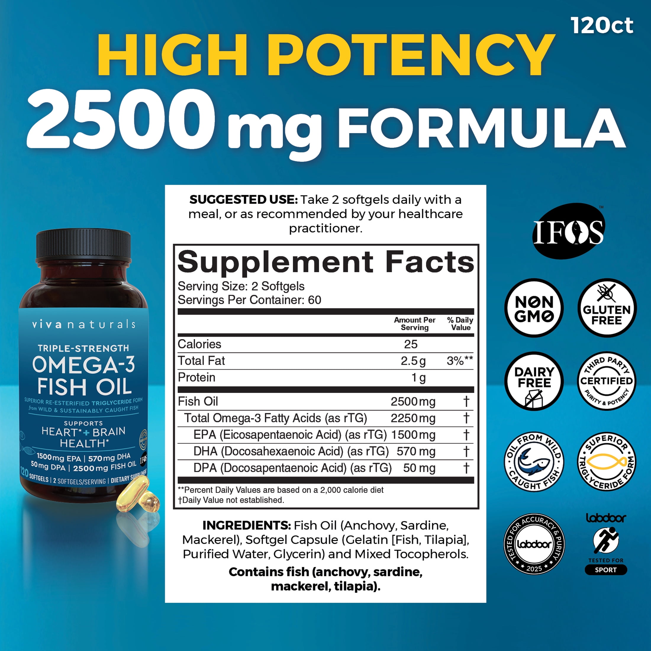 Viva Naturals Triple-Strength Omega-3 Fish Oil Supplement, 2500 mg, 120 Pescatarian-Friendly Softgels- Provides EPA & DHA, Supports Heart and Brain Health *