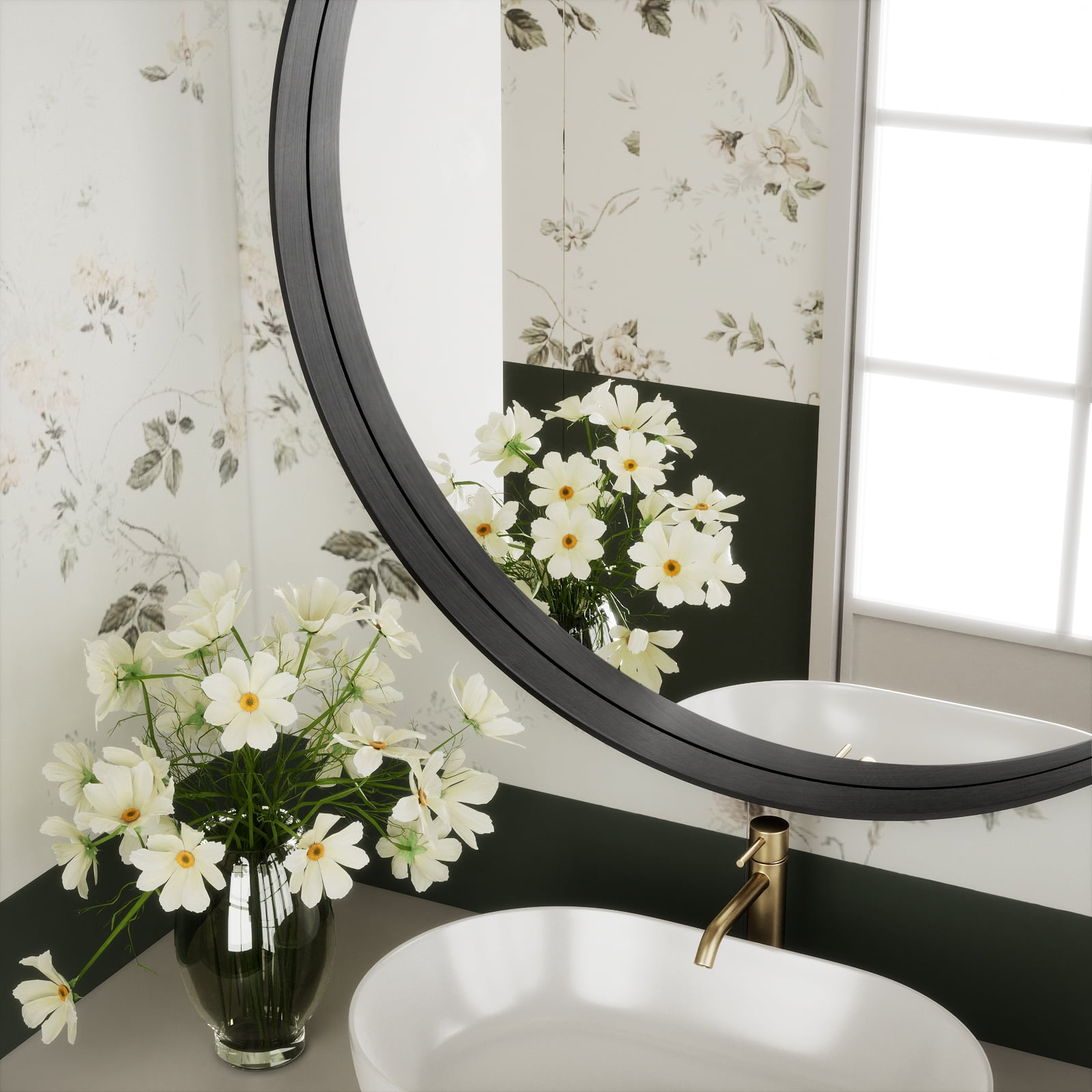GRAHMCY 30" Bathroom Round Mirror With Deep Frame Wall Decor, Black