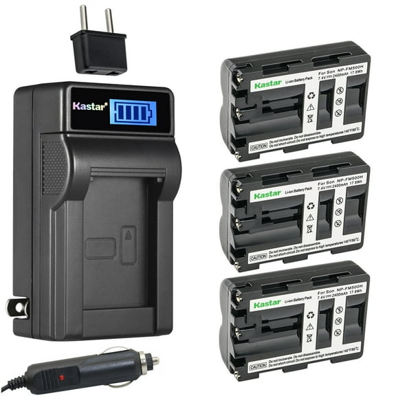 Kastar 3Pack NP-FM500 Battery and LCD AC Charger Compatible with Sony CLM-V55, CLM-FHD5, DSLR-A100, α100, Alpha A100, DSLR-A100/B, DSLR-A100H, DSLR-A100K, DSLR-A100K/B, DSLR-A100W, DSLR-A100W/B Camera