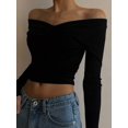 thumbnail image 3 of Women Off Shoulder Twist Front Long Sleeve Crop Top Solid Color Slim Fitted Casual Going Out Blouse, 3 of 11