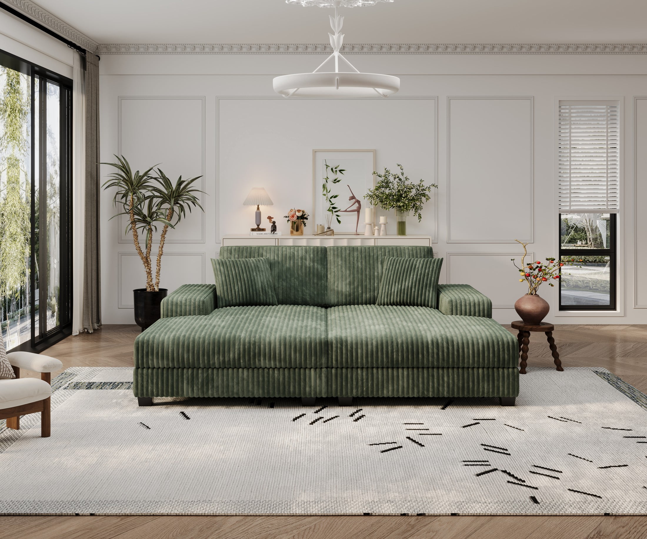 Aukfa 79.5" Oversized Double Chaise Lounges Sofa, Plush Corduroy Sectional with Storage Armrests, Memory Foam Loveseat Sleeper Sofa Couch for Living Room/Bedroom, Green