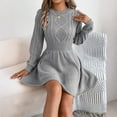 thumbnail image 4 of Womens Crew Neck Long Sleeve Spring Fall Dresses,Women's Fashion Casual Twisted Knit Fitted Waist Sweater A-line Skirt Round Neck Long Sleeve Solid Color Dress Gray, 4 of 8