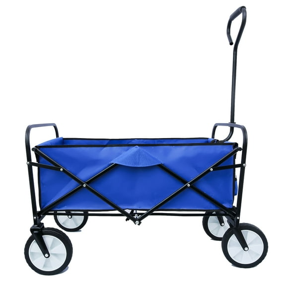 Jump Into Fun Wagon Cart, Newest Collapsible Wagon for Kids with Big Wheels, Push Bar, 2 Mesh Cup Holders, 200LBS Capacity Foldable Beach Wagon, Heavy Duty Utility Wagon Garden Cart for Yard, Blue