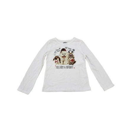 Merry Christmas Girl Girls White Cat Dog Kitten Puppy Holiday Merry Christmas Tee Shirt Top T-Shirt ()