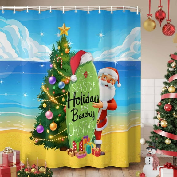 Coastal Christmas Shower Curtain, Xmas Tree Santa Ocean Beach Nautical Waterproof Fabric Shower Curtains with 12 Hooks, Bathroom Curtain Set for Bathroom Accessories Decor, 36 x 72 Inches