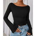 thumbnail image 6 of TrdSipl Long Sleeve Shirts Women Fall Ruched Bell Sleeve Boat Neck Basic Tee Lounge Slim Ribbed Knitted Crop Tops Cute Outfit Stylish Clothes, 6 of 6