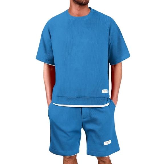 OOOUM Men Waffle Tracksuit Crewneck Short Sleeve Top Elastic Waist Shorts Two Piece Set Casual Summer Daily Cozy Outfit BU2 XXXXXL