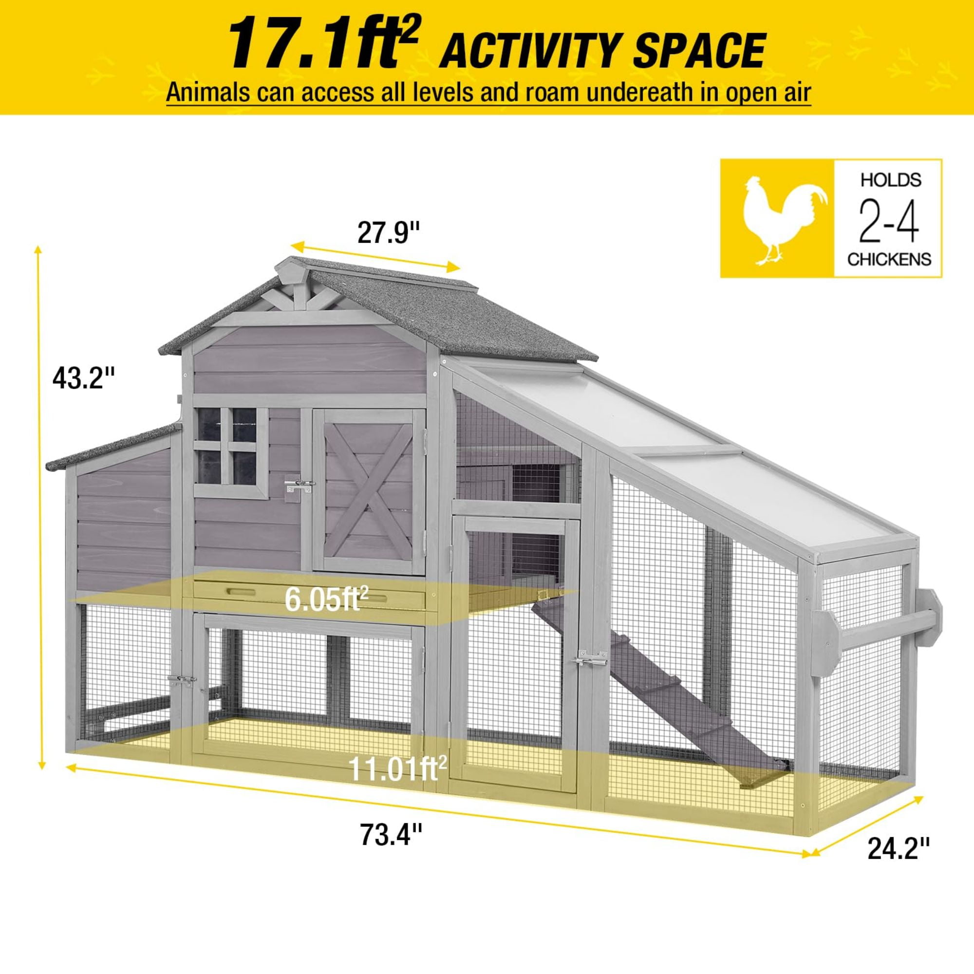 Aivituvin Large Chicken Coop with Wheels & Run, Mobile Hen House Outdoor Wooden Poultry Cage with Large Nesting Box Leakproof Pull-Out Tray, Gray