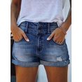 thumbnail image 3 of Pantalones cortos de mezclilla para mujer Pantalones cortos de mezclilla rasgados de encaje en contraste de cintura bajaAzul oscuroX-Large, 3 of 5